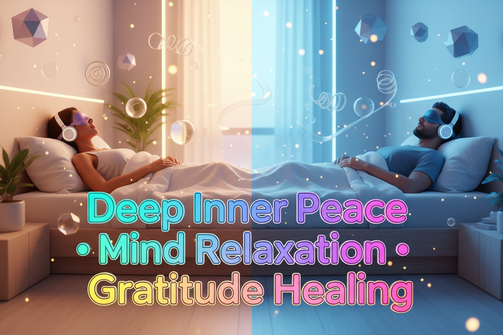 create 3d image for self hypnosis audio course for -Deep Inner Peace • Mind Relaxation • Gratitude Healing  - create 3d image with bright color and bright 3d text in modern style with male and female laying on bed in different place and listening audio trough headphone with covered eye from eye mask . 