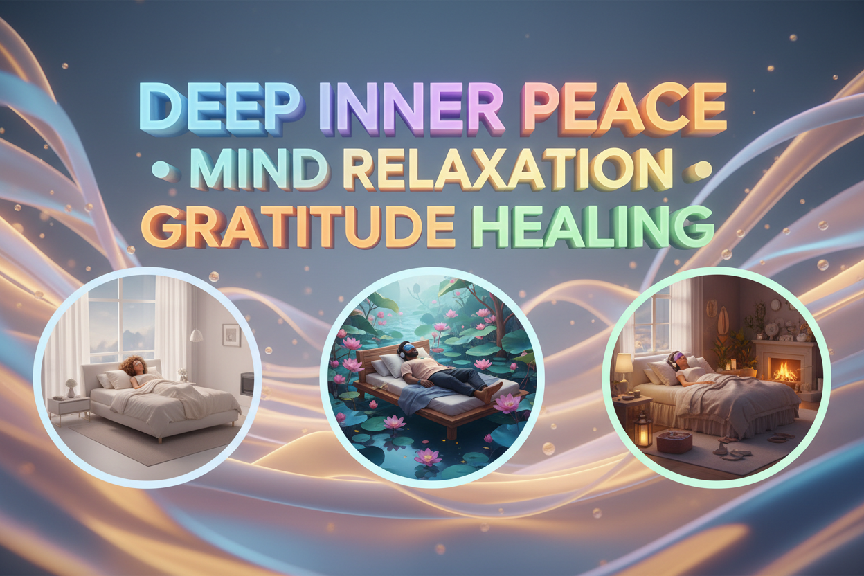 create 3d image for self hypnosis audio course for -Deep Inner Peace • Mind Relaxation • Gratitude Healing  - create 3d image with bright color and bright 3d text in modern style with men and women laying on bed in different place and listening audio trough headphone with covered eye from eye mask . 