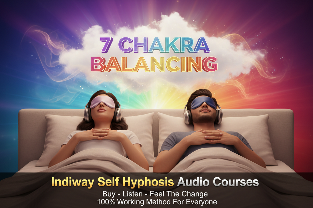create 3d image for these - 7 Chakra ballancing  ( Use young age modern indian male and female lying on bed and eyes are covered with cloth ,  listening audio with headphone with ultra bright bold 3d text ) ( clearly understandable image with beautiful background & color.)Add branding authority in the image , Bold , bright & beautiful text - Indiway Self Hypnosis Audio Courses - Buy - Listen - Feel The Change . 100% working Method For Everyone )