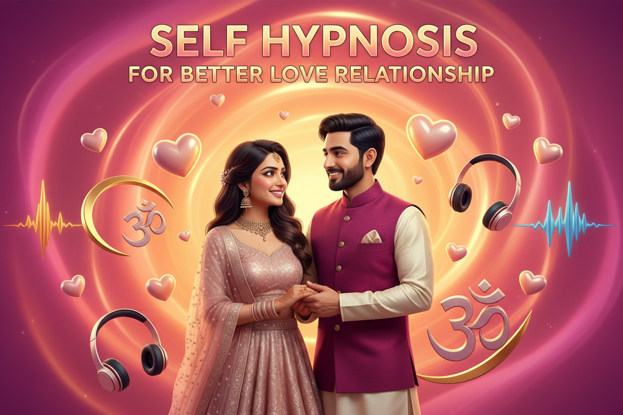 create an attractive bright 3d image for self hypnosis audio course for better love relationship with bright background color and text for indian couple .