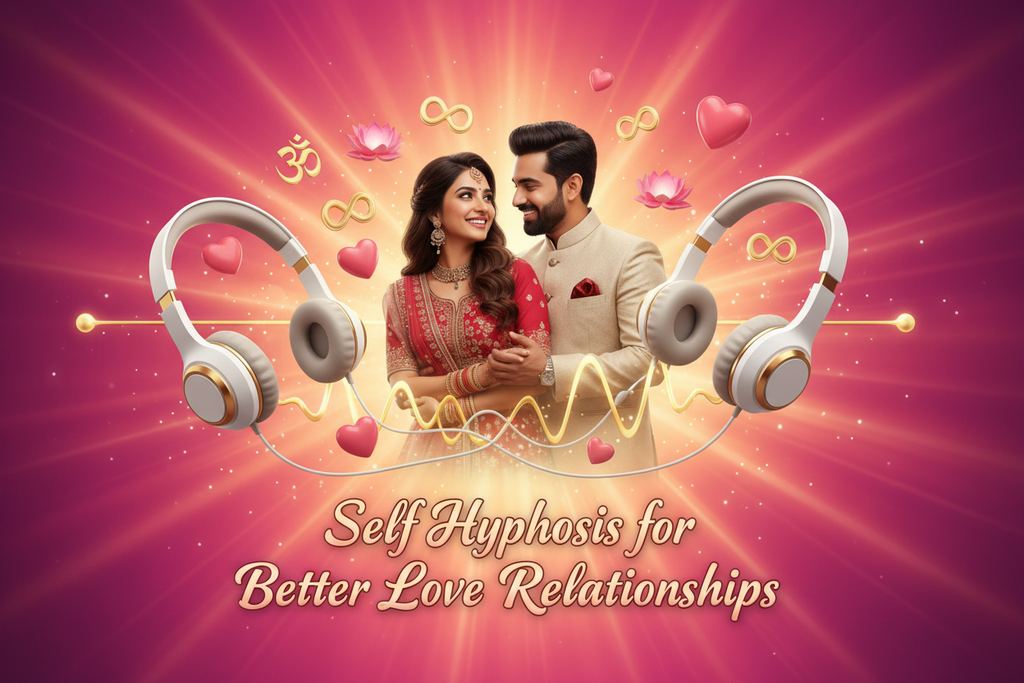 create an attractive bright 3d image for self hypnosis audio course for better love relationship with bright background color and text for indian couples .