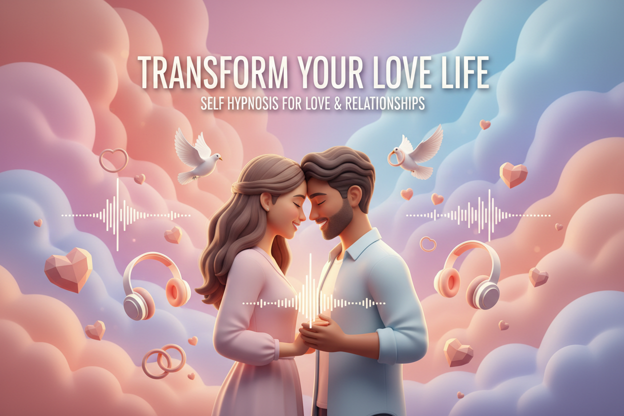 create an attractive bright 3d image for self hypnosis audio course for better love relationship with bright background color and text for young couples .