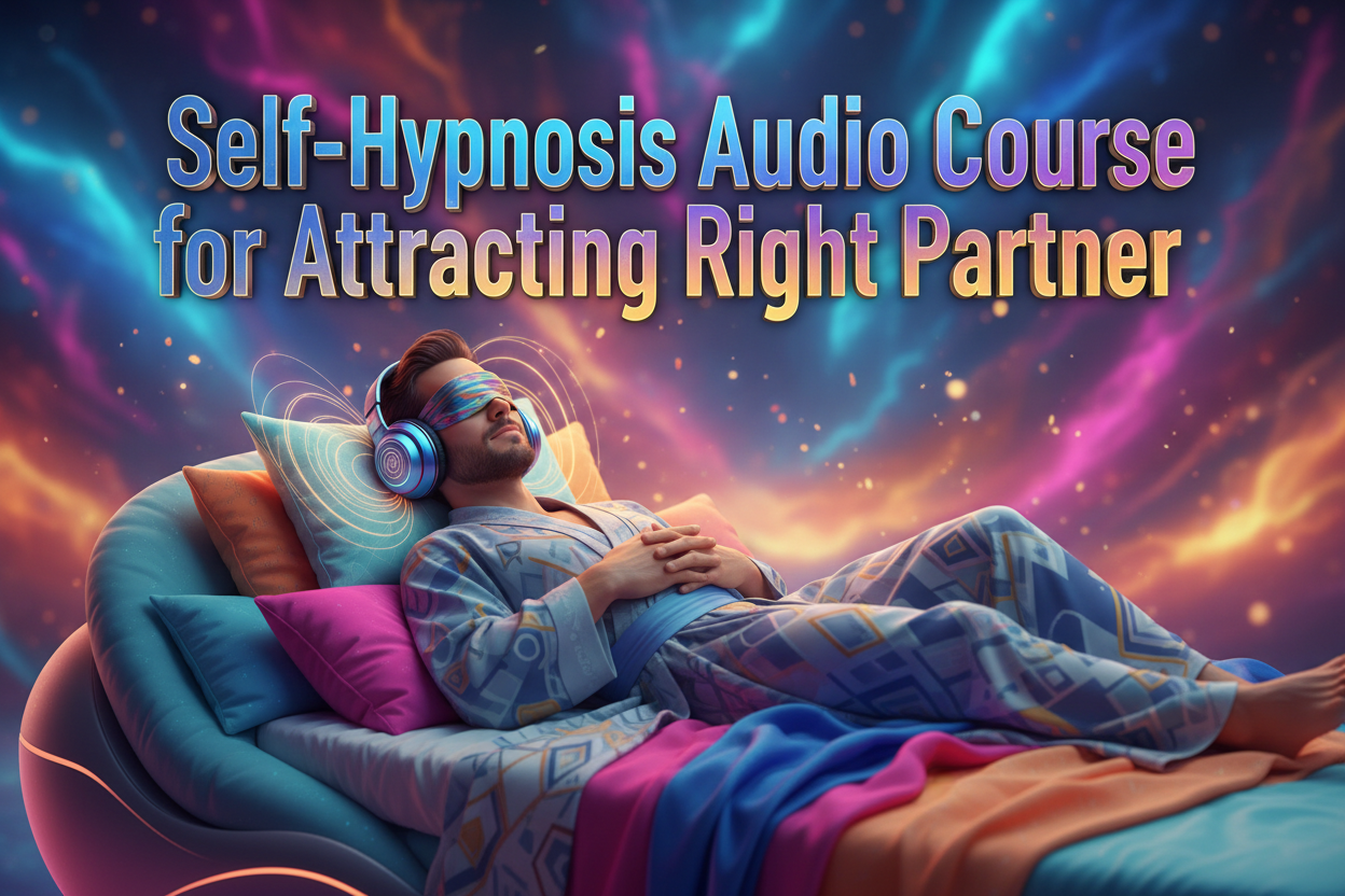  (Visualization)
Self-Hypnosis audio course for attracting right partner । male 3d image with bright color and 3d text laying down on bed and eyes are covered and listeng audio by headphone .